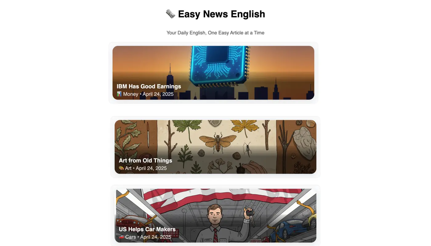 Easy News English interface showing simplified news lessons